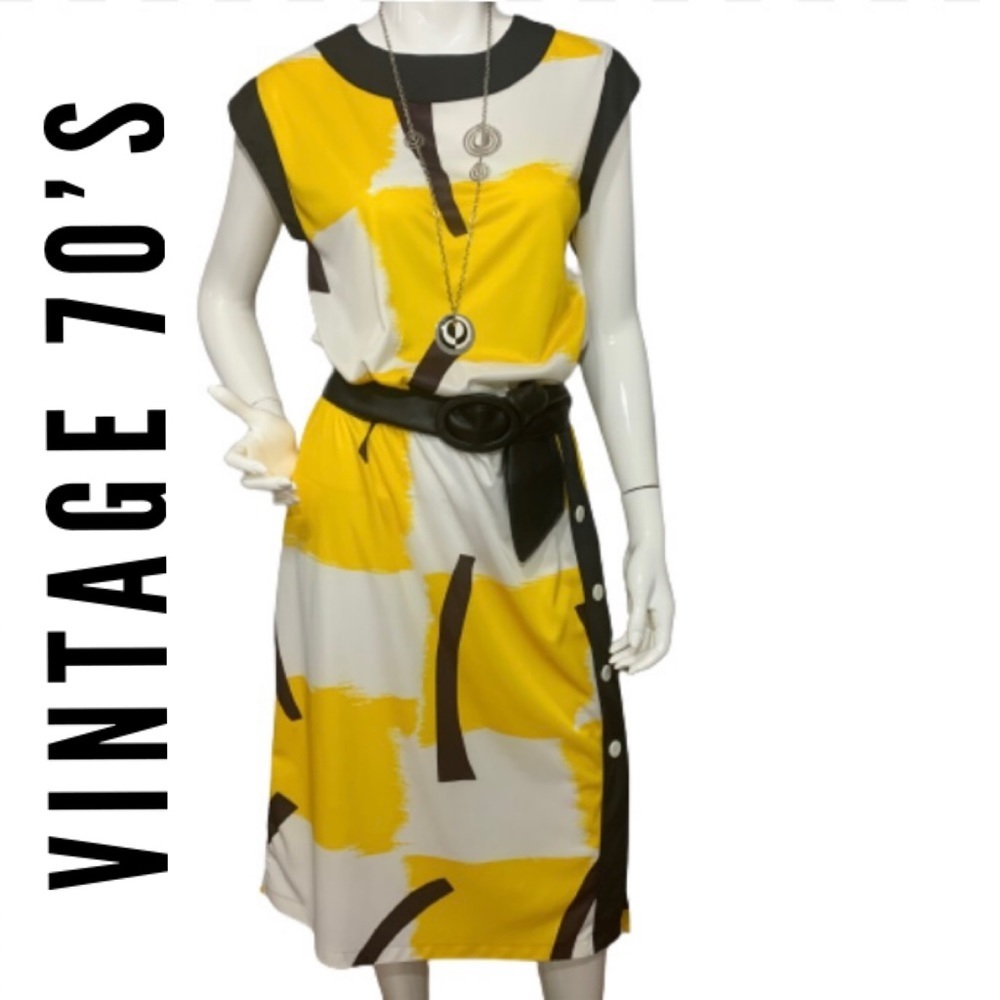 Vintage 70's Yellow Graphic Design Dress - L/XL